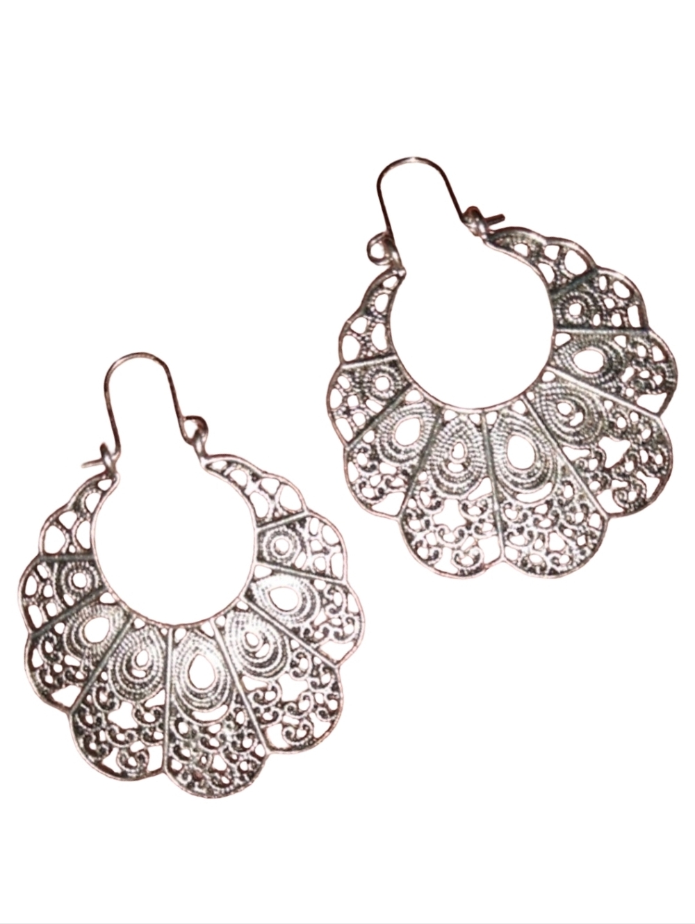 Silver Bohemian Floral Hoop Earrings Scalloped Lace Intricate Filigree Hoops